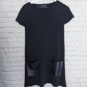 Zara Knit Black Sheath Dress Faux Leather Pockets